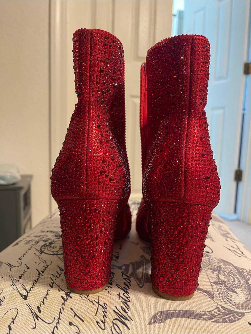 Red Crystal-Studded Pointed Ankle Boots - Picture 4 of 5